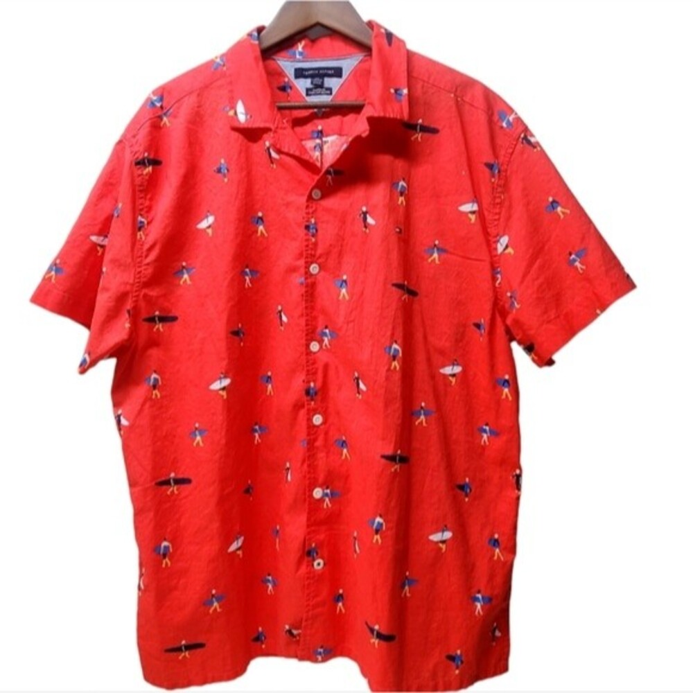 TOMMY HILFIGER Custom Fit Red Surfer Print Short Sleeve Button-Up Shirt XXL